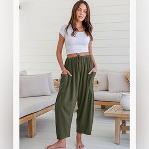 Tarse Linen Blend Wide Leg Drawstring Cropped Boho Harem Pants - Medium, Green